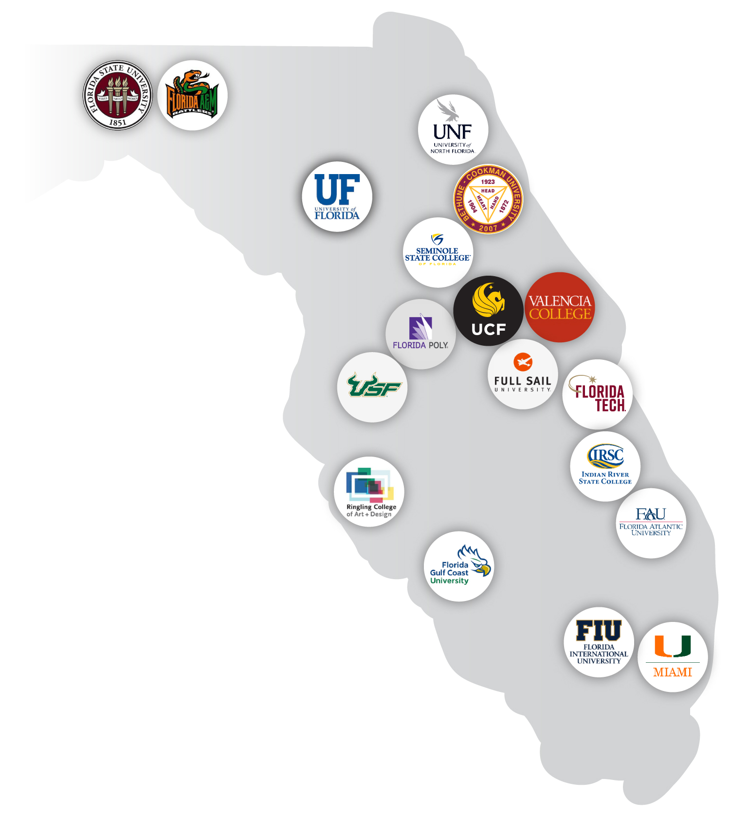 Map of the state of Florida with colleges and universities with game programs listed in circles