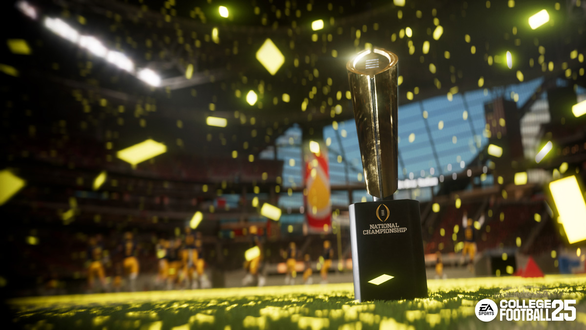 EA SPORTS College Football 25 Screenshot of National Championship trophy on a football field with confetti falling all around.