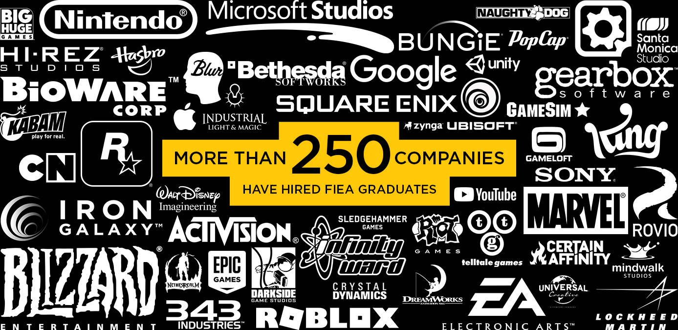 Collage of gaming and tech company logos reversed on a black background with text that reads More than 250 companies have hired FIEA graduates