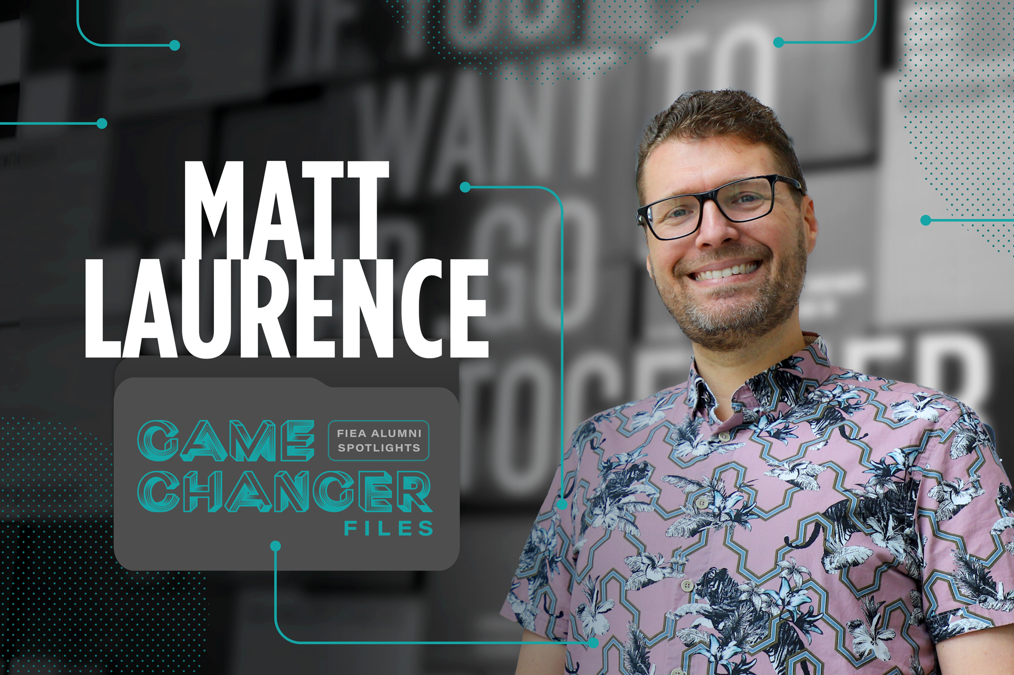 Matt Laurence, FIEA alumnus from Cohort 2, stands in the lobby of the Dr. Phillips Academic Commons building at UCF Downtown in Creative Village, a building that did not exist when Laurence first attended Florida Interactive Entertainment Academy as a student in 2006-07.