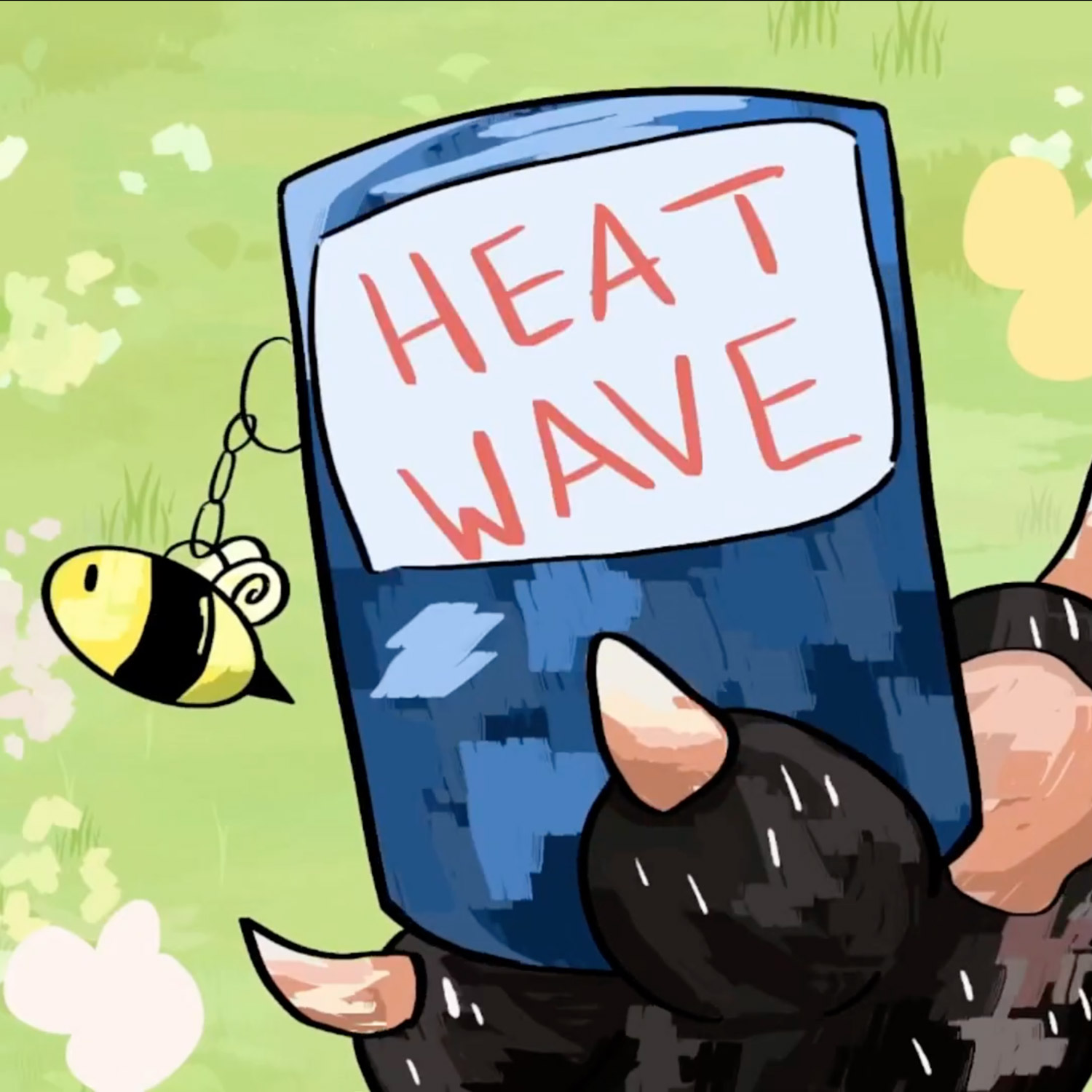 Screenshot of one of the winning games titled Heat Wave with an illustrated cat paw holding a phone with the game title and a little bumblebee charm hanging from the corner.