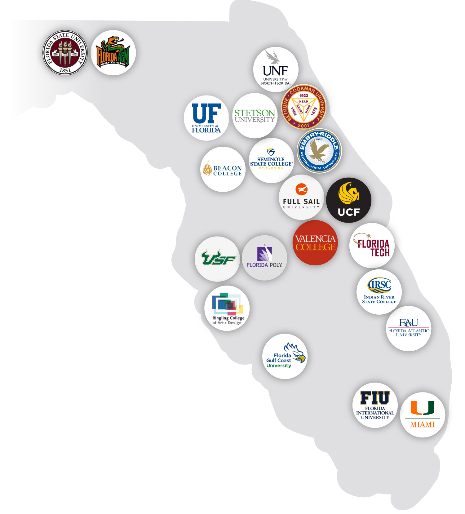 Map of the state of Florida with colleges and universities with game programs listed in circles