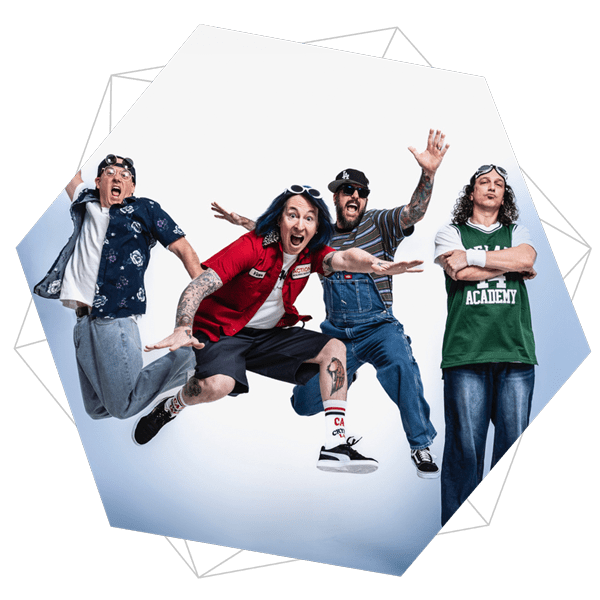 Group band photo of four guys casually dressed and jumping in the air