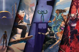 Five dynamic panels show different fantasy and sci-fi characters, including a hooded figure, a skateboarder, a robot, a group of warriors, and a masked fighter, each in unique settings.